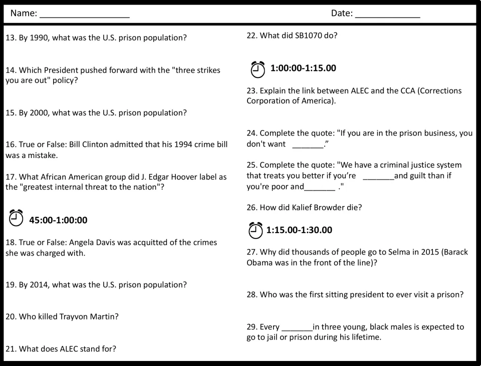 Students answer questions 13-29 on three strikes, the 1994 crime bill, ALEC, private prisons and Kalief Browder