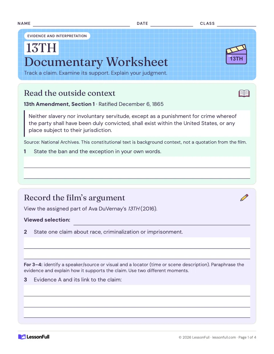 13TH documentary worksheet opening with 13th Amendment Section 1 text, then students state the ban and record a film claim