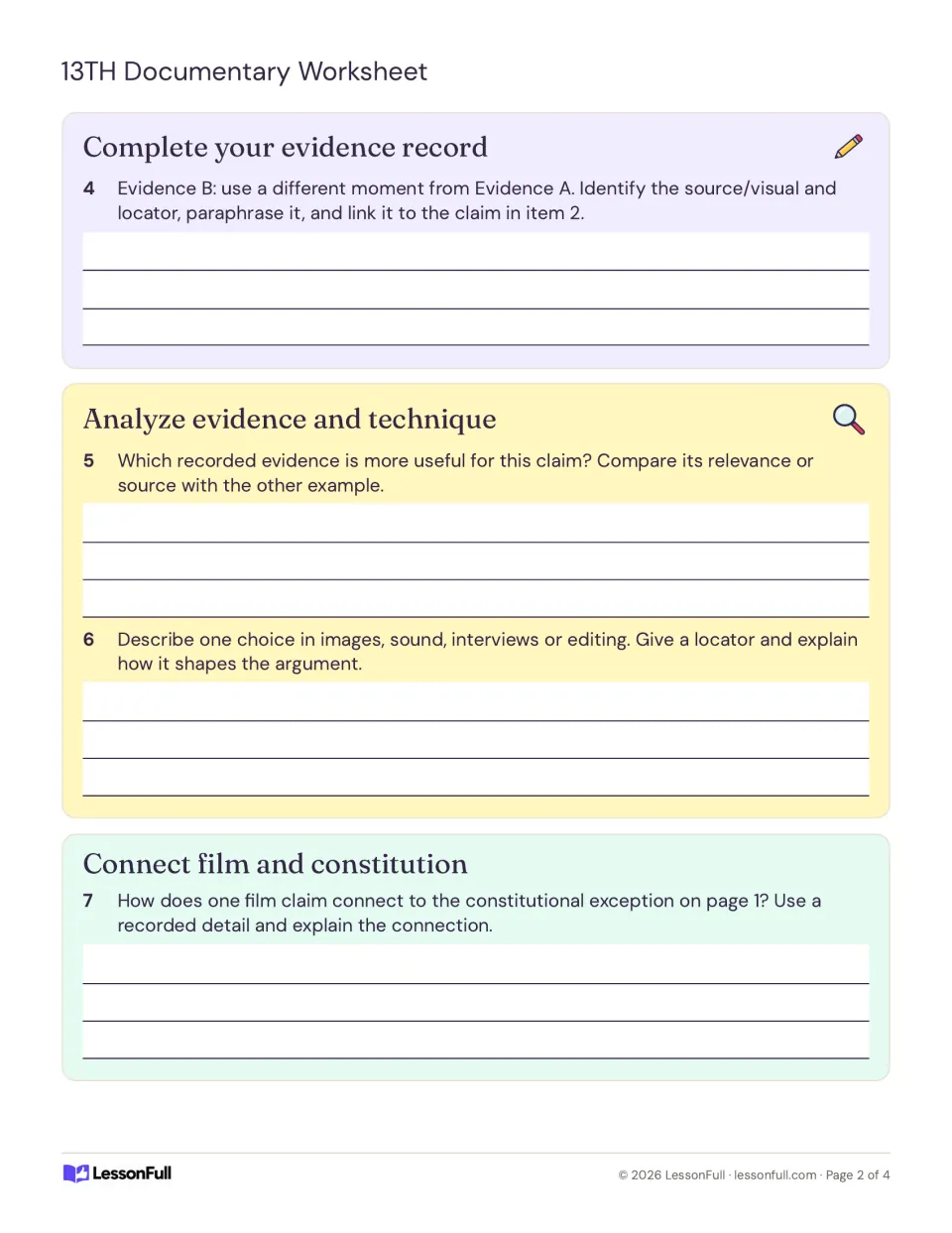 Evidence B, comparing evidence, film technique in images, sound or editing, and linking a film claim to the amendment
