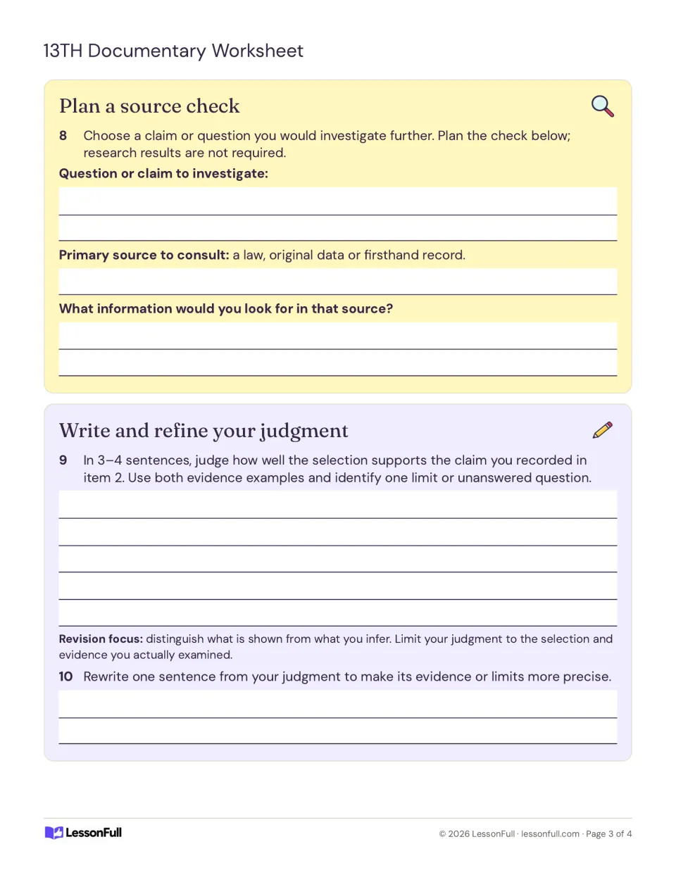 Plan a source check with a question and primary source, then write a 3-4 sentence judgment and revise one sentence