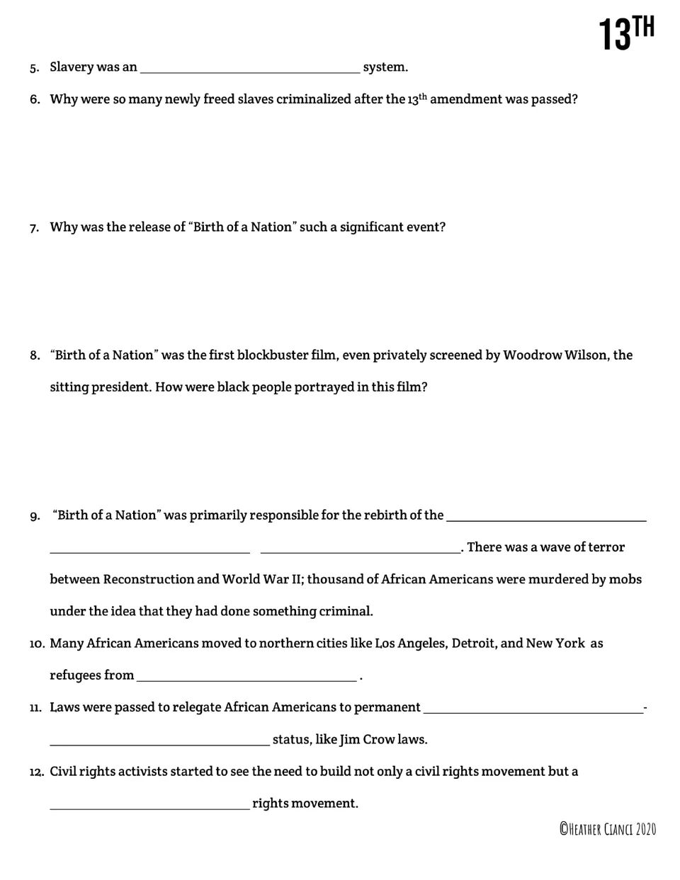 Post-Reconstruction era: students answer questions on criminalized freed slaves, Birth of a Nation, the KKK and Jim Crow
