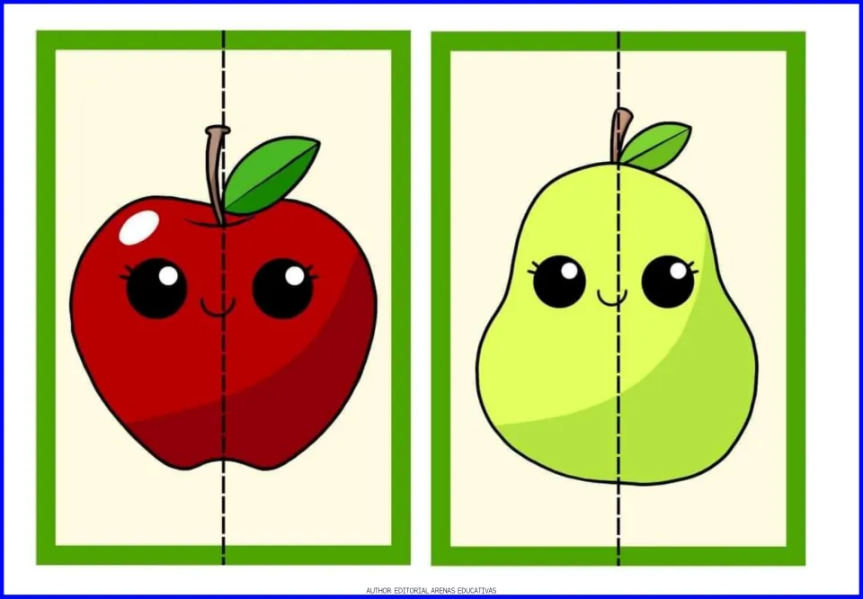 Apple and pear puzzles: students cut each smiling fruit card on the dashed center line, then match the two halves