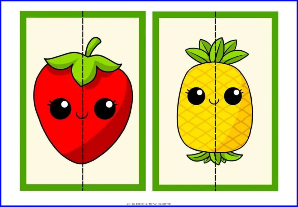 Strawberry and pineapple puzzles: each smiling fruit card splits on a dashed line into two halves to rejoin