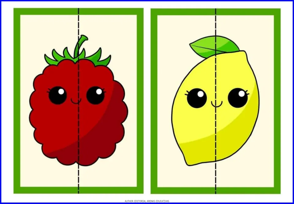 Red berry and lemon puzzles: two smiling fruit cards to cut down the dashed middle and reassemble by halves