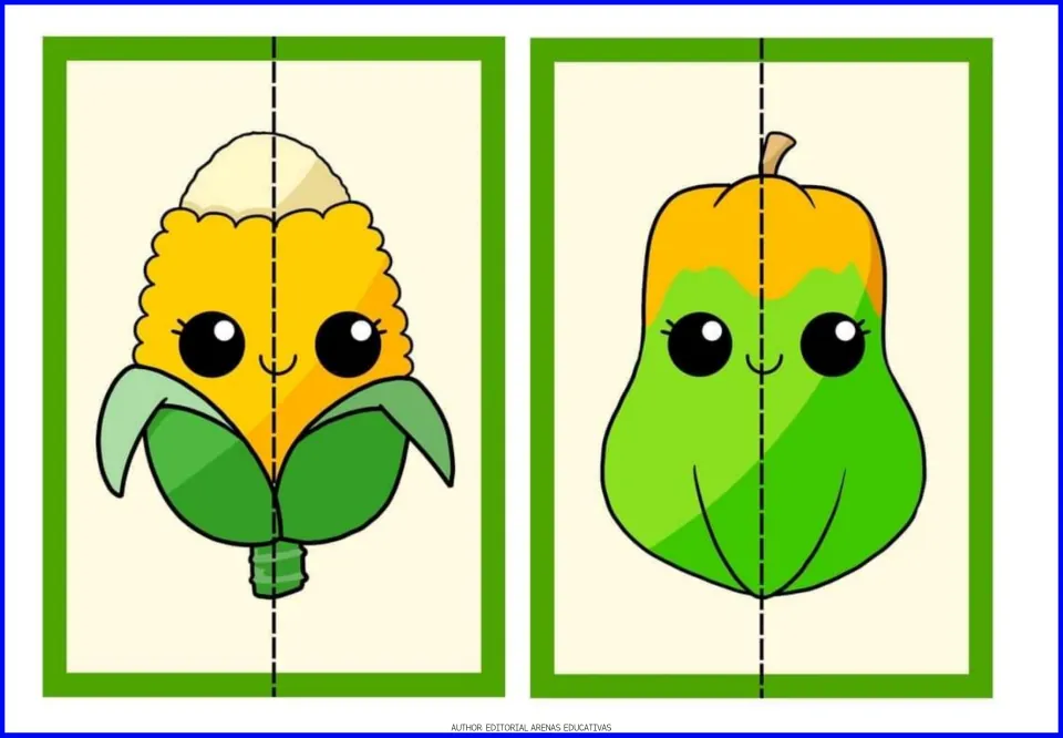 Corn cob and a green-orange squash-like vegetable: two smiling puzzle cards to cut on the dashed line and rejoin