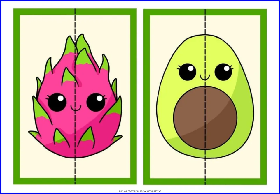 Dragon fruit and avocado puzzles: smiling cards with a dashed cut line so children split and rebuild each picture