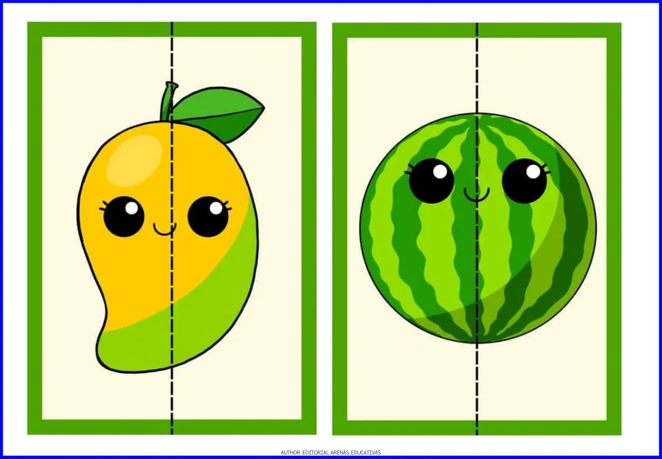 Mango and watermelon puzzles: two smiling fruit pictures divided by a dashed line into halves to cut and pair up