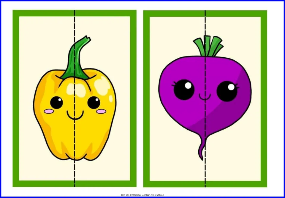 Yellow bell pepper and beet puzzles: smiling vegetable cards to cut along the dashed line and put back together