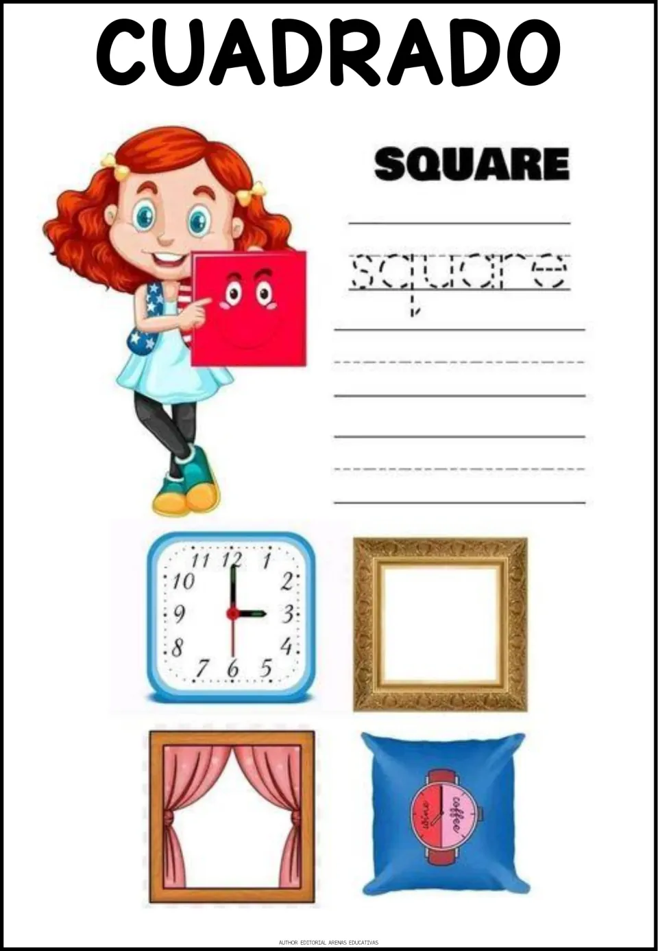 Cuadrado (square): students trace the word square and write it, then look at a clock, frame, window and pillow