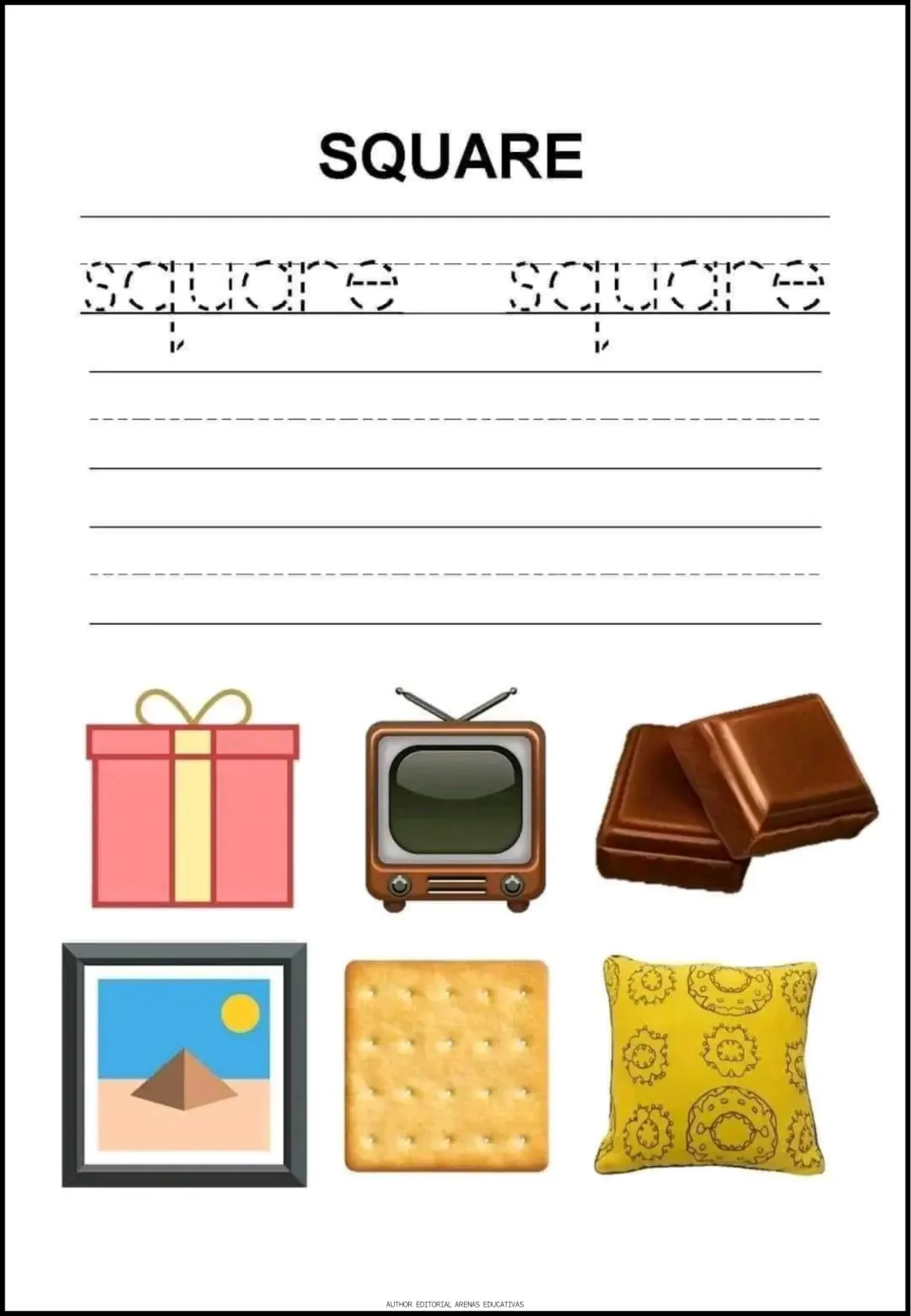 Square word tracing: students trace square twice, write it, and see a gift, TV, chocolate, cracker and pillow