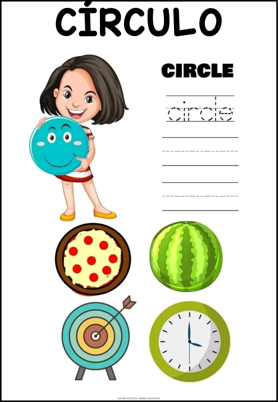 Círculo (circle): students trace the word circle, then look at a pizza, watermelon, target and clock as examples