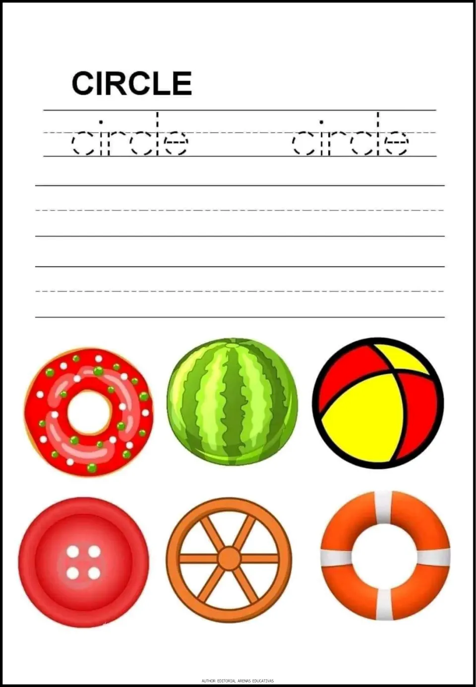 Circle word tracing: students trace circle twice and see a donut, watermelon, ball, button, wheel and life ring