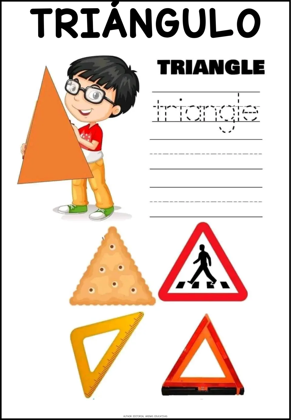 Triángulo (triangle): students trace the English word, then see a cracker, crosswalk sign, set square and roadside reflector