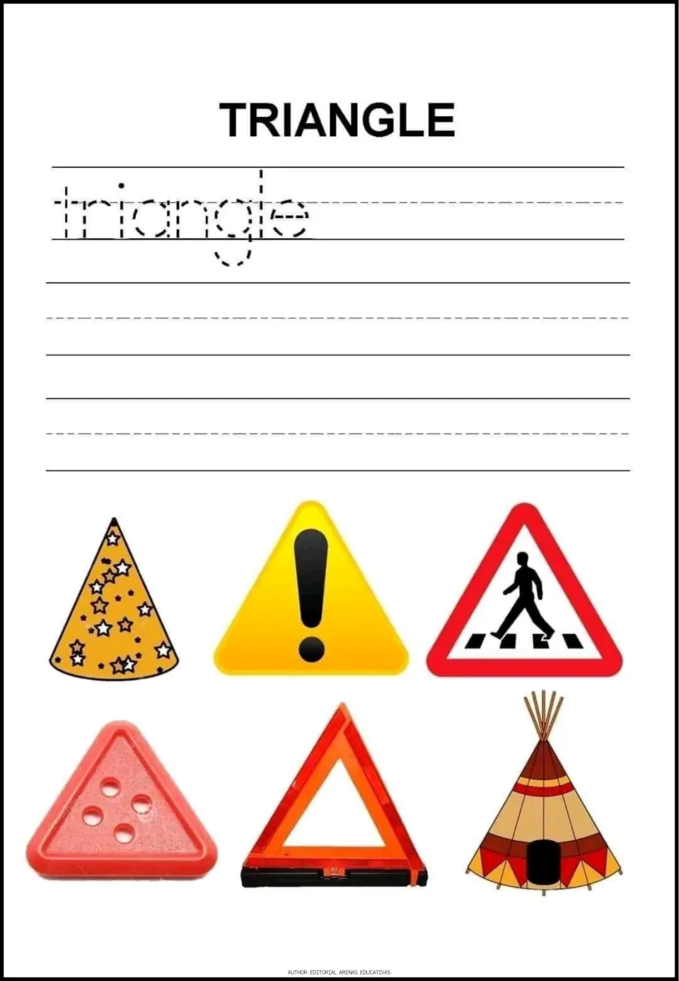 Triangle word tracing: students trace triangle, then view a party hat, warning signs, button, reflector and tepee