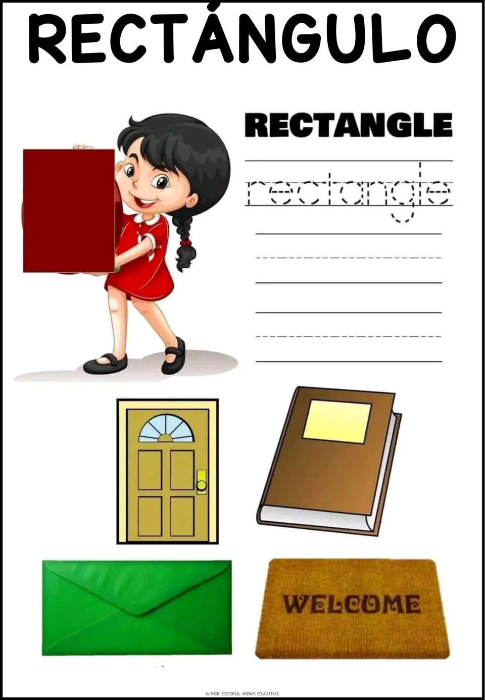 Rectángulo (rectangle): students trace rectangle and see a door, book, envelope and welcome mat as examples
