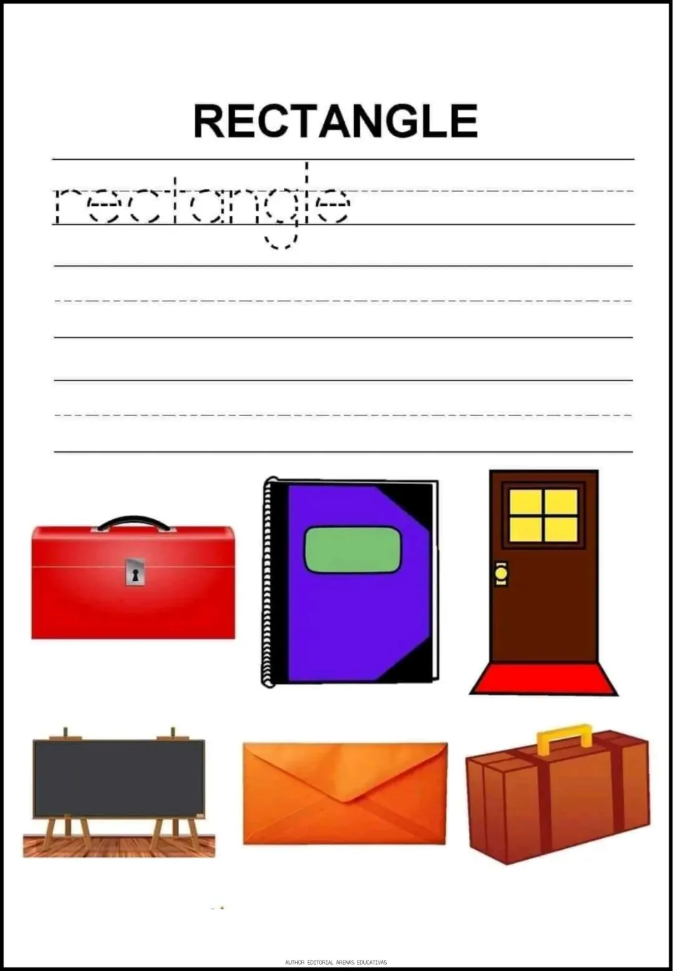 Rectangle word tracing: students trace rectangle and see a toolbox, notebook, door, chalkboard, envelope, suitcase