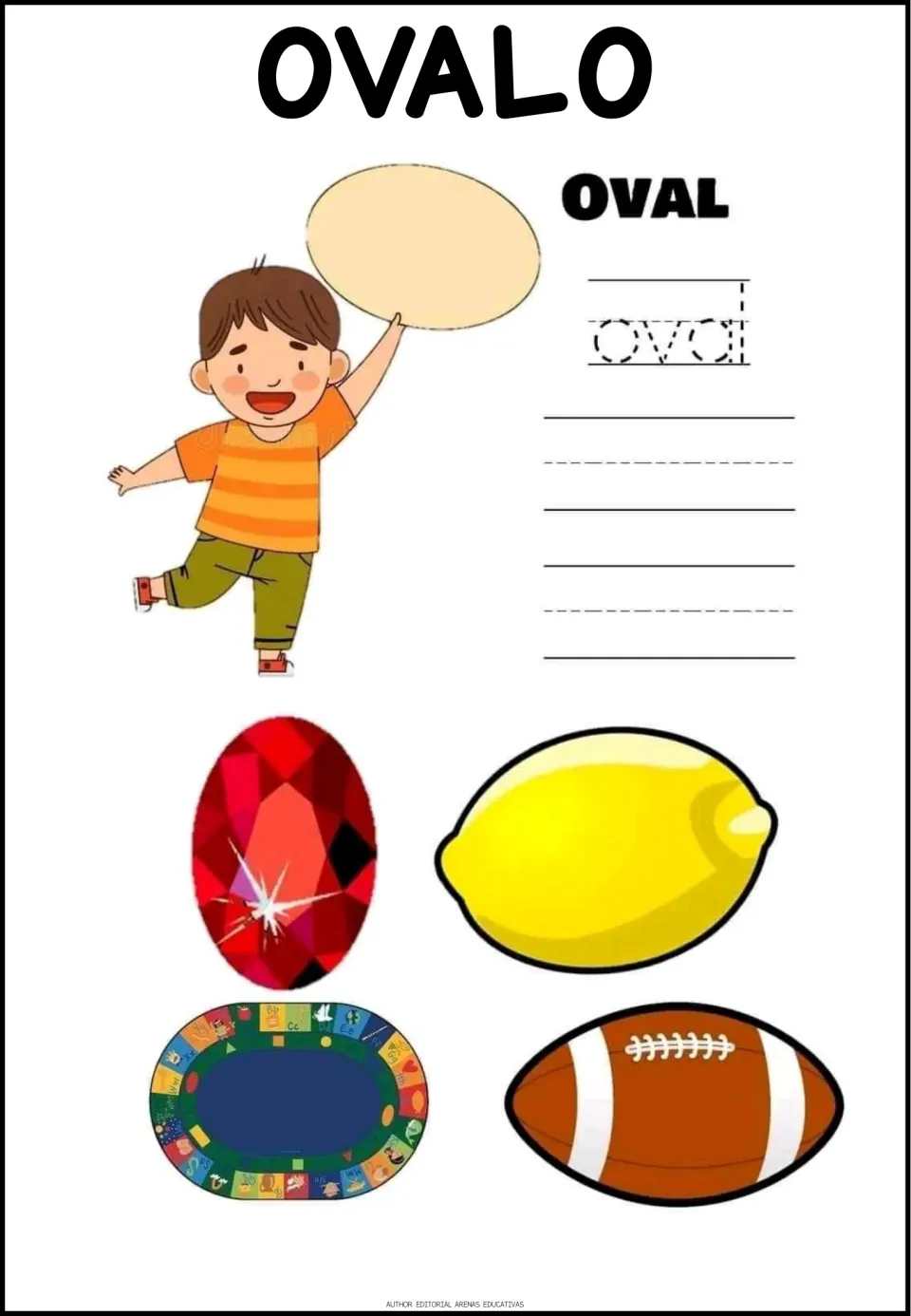 Ovalo (oval): students trace the word oval, then see a gemstone, lemon, oval rug and football as examples