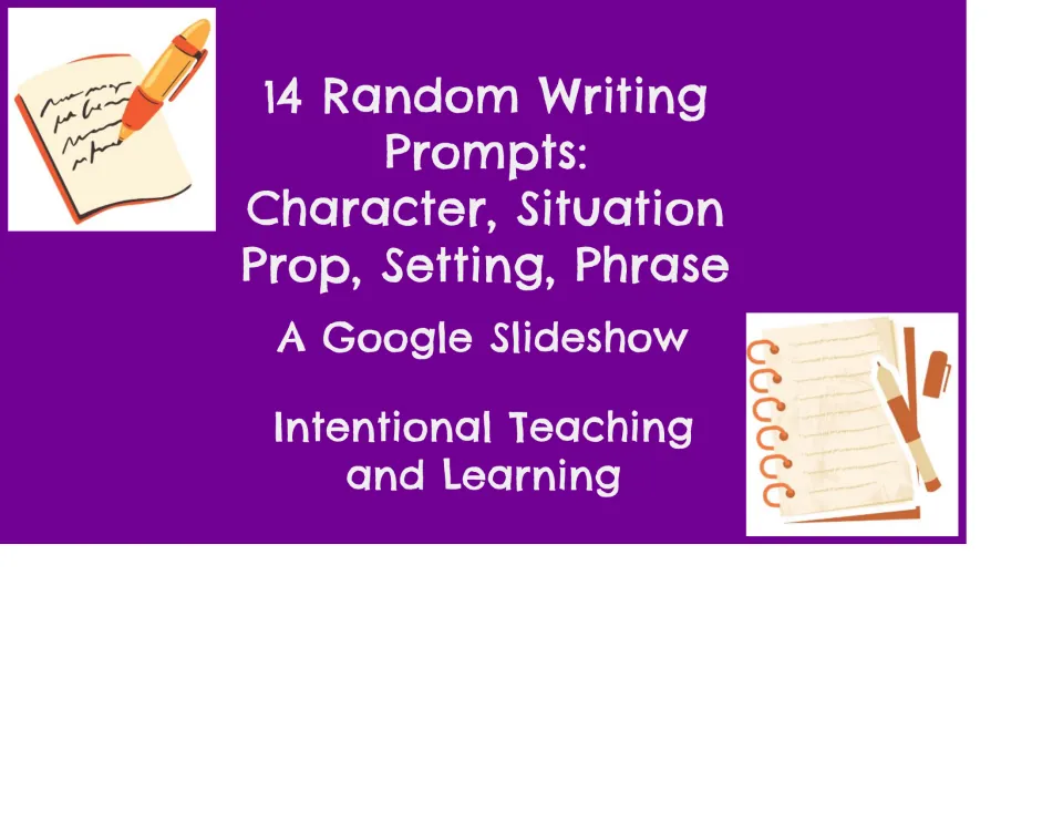 Cover of a 14-prompt writing slideshow organized around character, situation, prop, setting, and phrase