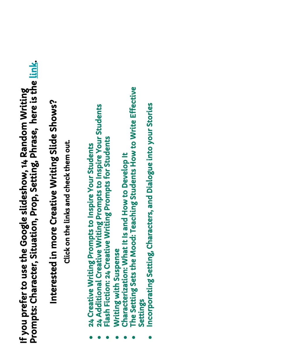 Slideshow access page linking to the 14 writing prompts and listing additional creative writing resources