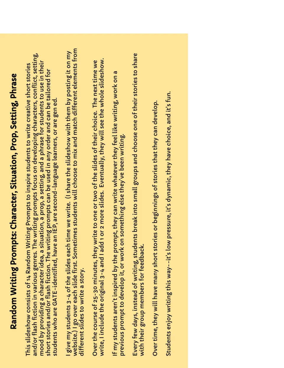 Teacher directions for sharing 3–4 prompt slides, writing for 25–30 minutes, and exchanging group feedback