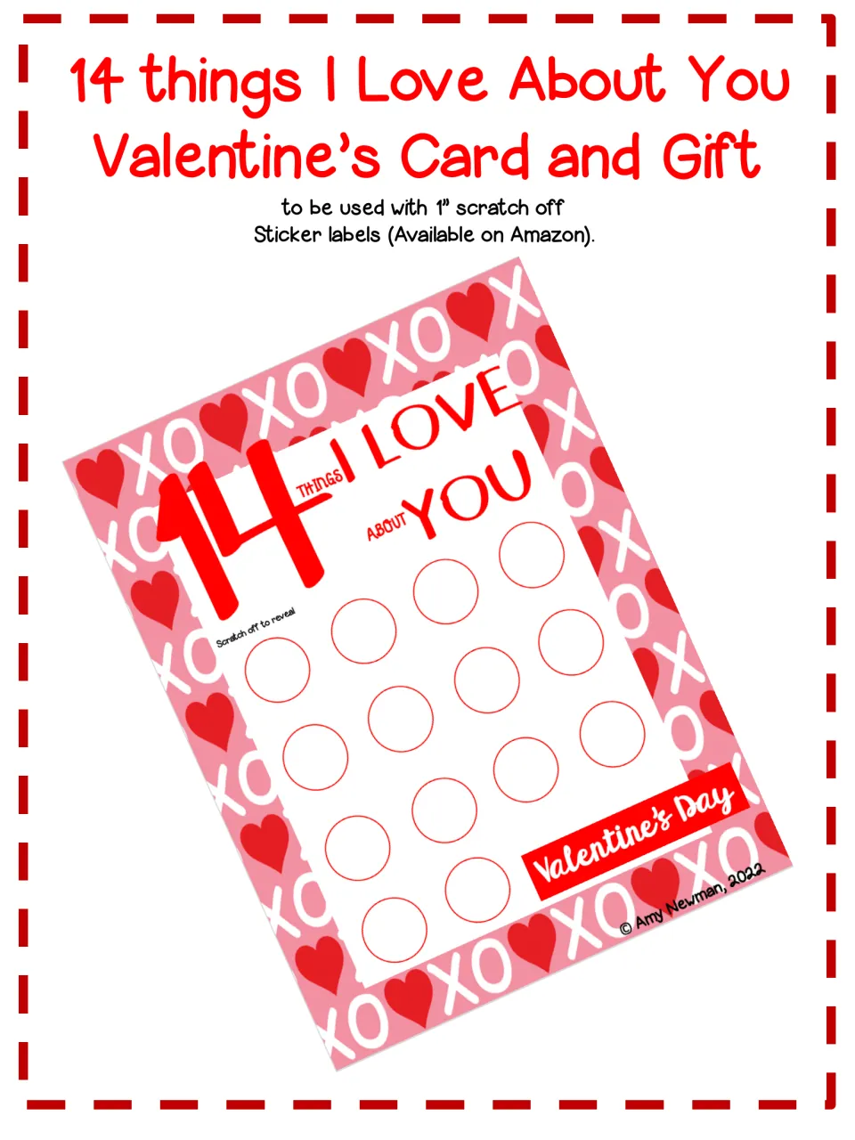 Cover of the Valentine card resource, showing the 14-message card and noting 1-inch scratch-off labels.