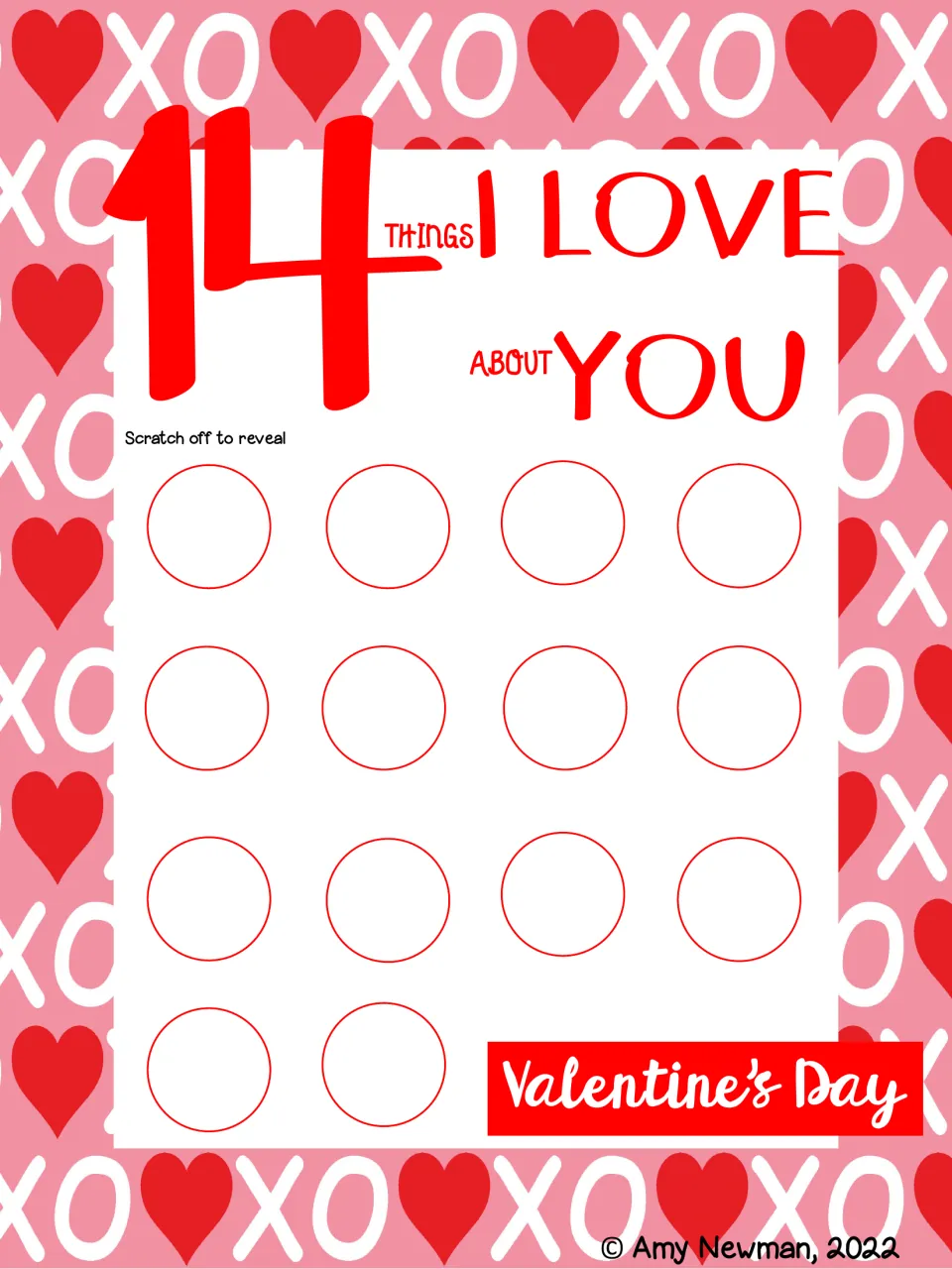 Valentine gift card headed '14 things I love about you,' with 14 spaces for messages to scratch off and reveal.