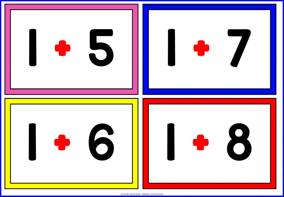 Second sheet of table 1 addition flashcards: 1 + 5, 1 + 6, 1 + 7, and 1 + 8, with no answers displayed