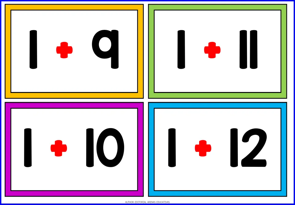Third sheet of table 1 addition flashcards: 1 + 9, 1 + 10, 1 + 11, and 1 + 12, with no answers displayed