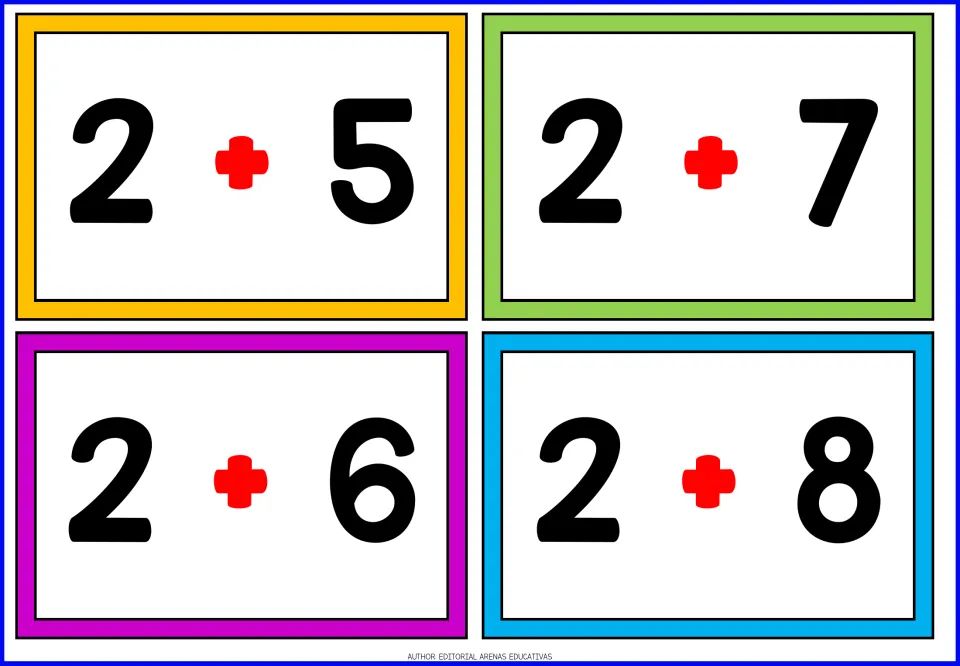Second sheet of table 2 addition flashcards: 2 + 5, 2 + 6, 2 + 7, and 2 + 8, with no answers displayed