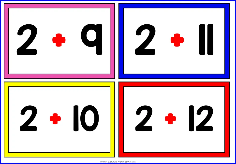 Third sheet of table 2 addition flashcards: 2 + 9, 2 + 10, 2 + 11, and 2 + 12, with no answers displayed