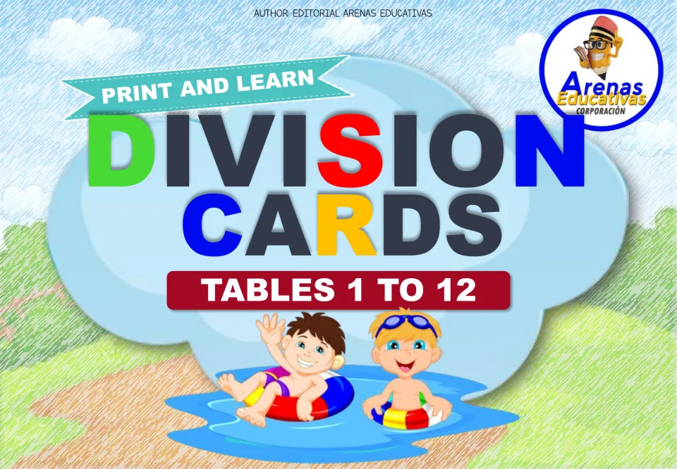 Cover of the division flashcard resource, labeled 'Division Cards', 'Tables 1 to 12', and 'Print and Learn'