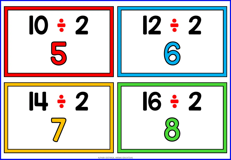 Division-by-2 flashcards 5–8: 10 ÷ 2, 12 ÷ 2, 14 ÷ 2, and 16 ÷ 2, with answers 5, 6, 7, and 8 below