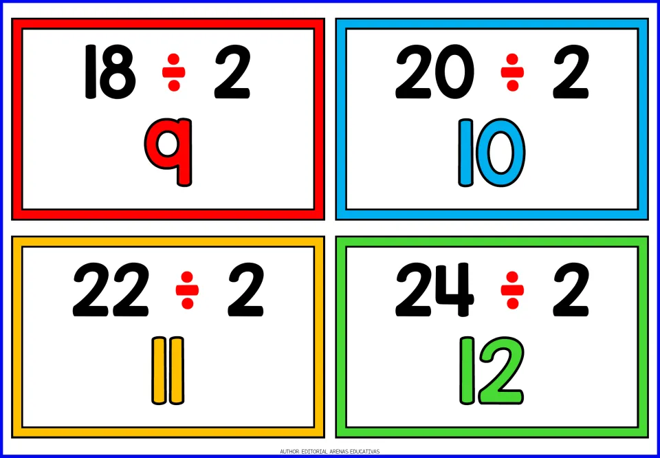 Division-by-2 flashcards 9–12: 18 ÷ 2, 20 ÷ 2, 22 ÷ 2, and 24 ÷ 2, with answers 9, 10, 11, and 12 below
