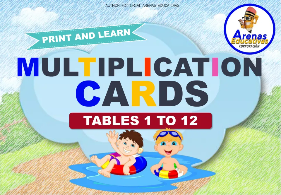 Cover of Multiplication Cards, Tables 1 to 12, a Print and Learn set by Editorial Arenas Educativas, with two kids swimming