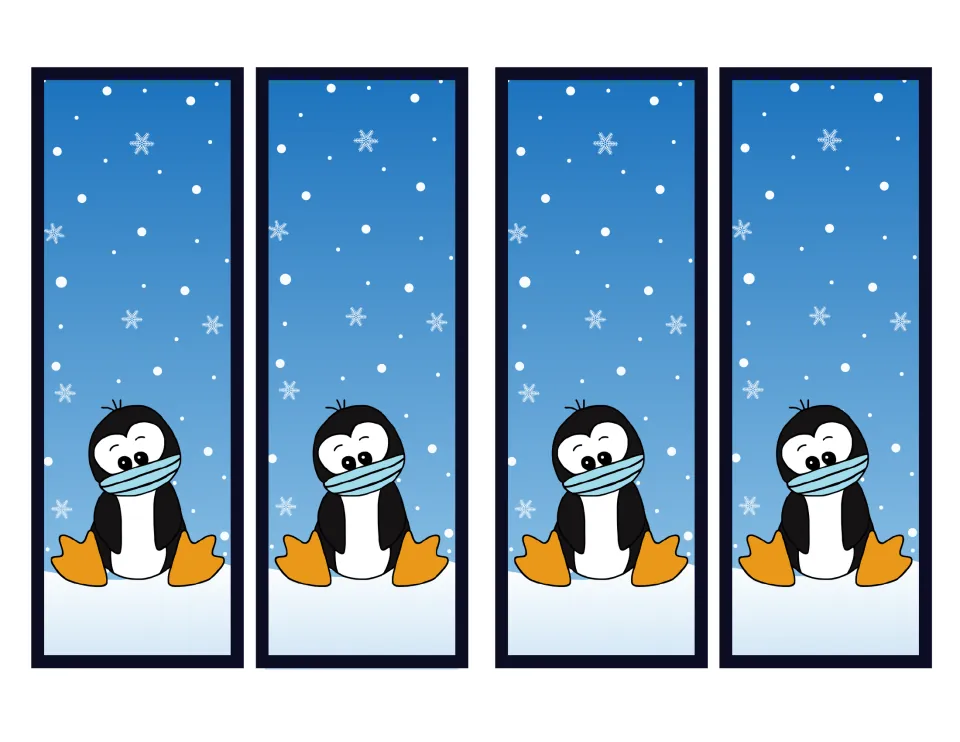 Four penguin bookmarks from the masked animal set, each showing a seated penguin in a snowy setting