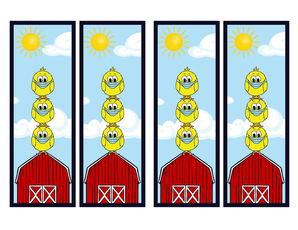 Four chick bookmarks from the masked animal set, each showing three yellow chicks stacked above a barn