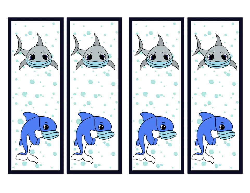 Four ocean animal bookmarks from the masked animal set, each showing a gray shark and a blue dolphin