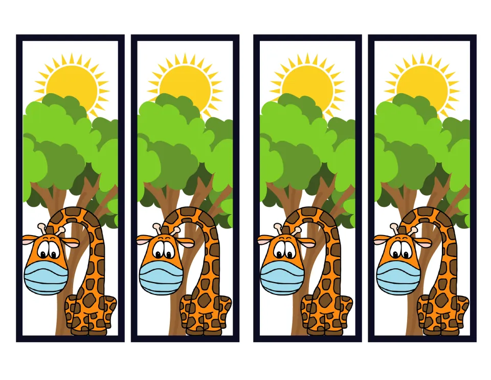 Four giraffe bookmarks from the masked animal set, each showing a giraffe bending its neck beside a tree