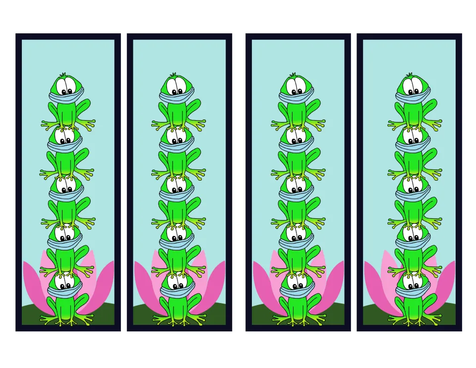 Four frog bookmarks from the masked animal set, each showing five green frogs stacked above a pink flower