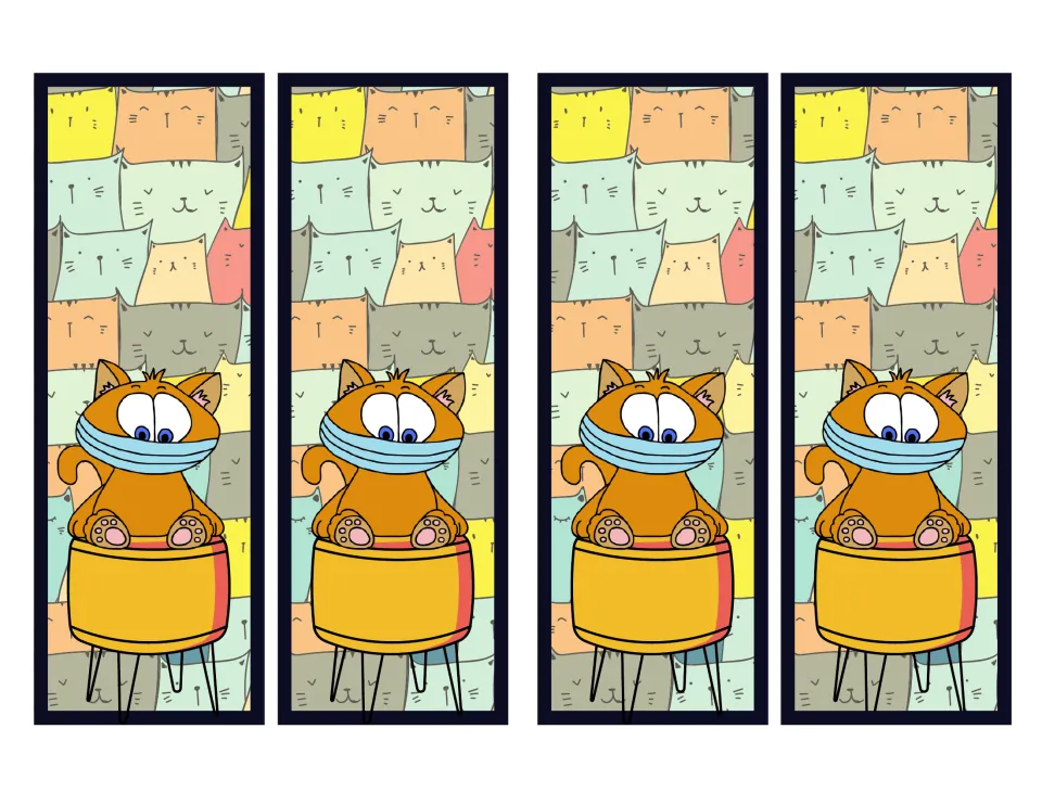 Four cat bookmarks from the masked animal set, each showing an orange cat sitting on a yellow stool