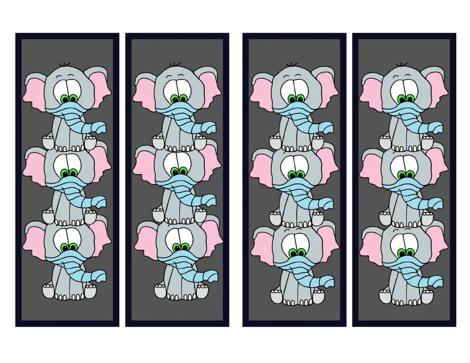 Four elephant bookmarks from the masked animal set, each showing three gray elephants stacked vertically