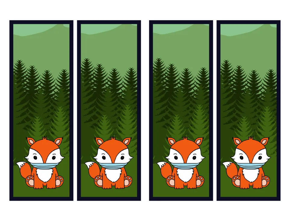 Four fox bookmarks from the masked animal set, each showing a seated orange fox in front of forest trees