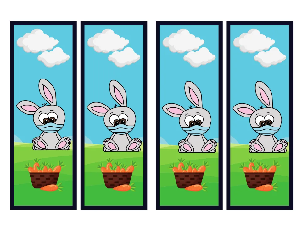 Four rabbit bookmarks from the masked animal set, each showing a gray rabbit above a basket of carrots