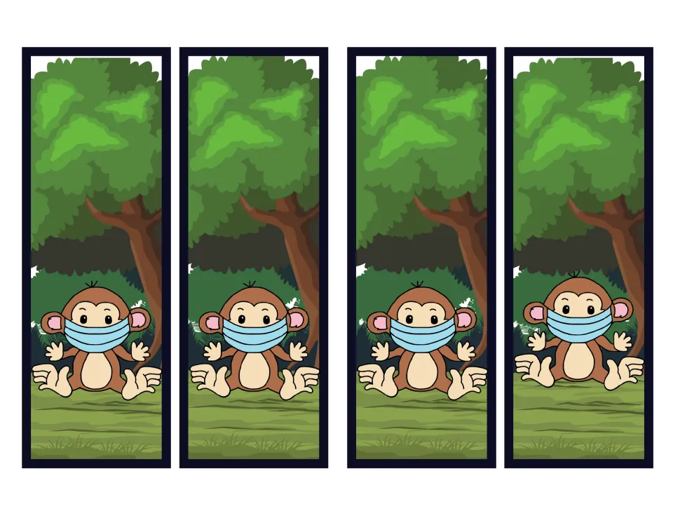 Four monkey bookmarks from the masked animal set, each showing a seated brown monkey beneath leafy trees