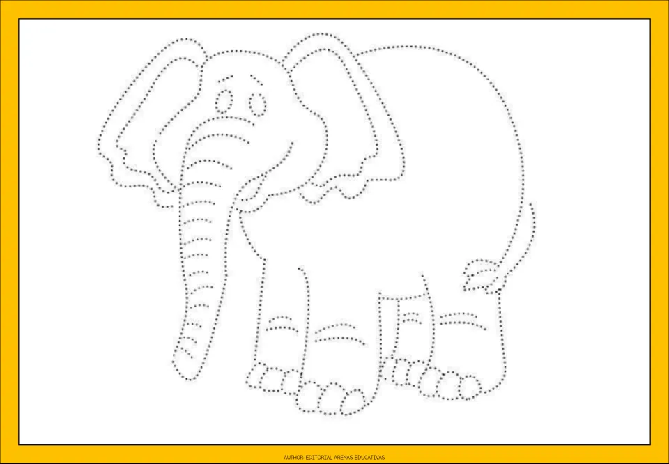 Dotted elephant outline: children trace the dots to draw its ears, curled trunk, toes and tail, practising pencil control