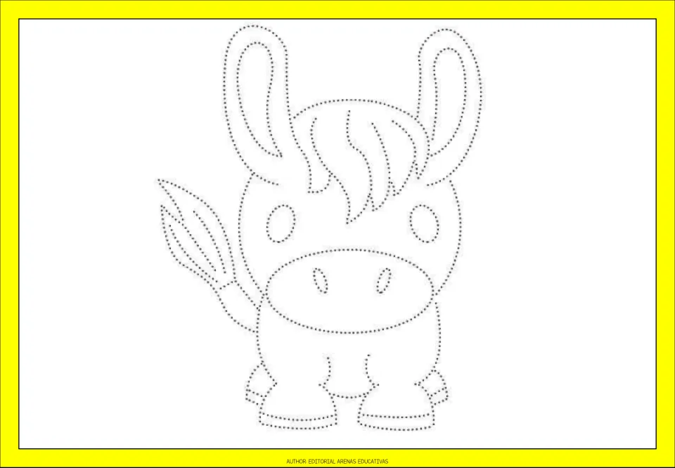 Dotted donkey outline facing forward: children trace its tall ears, mane, snout, hooves and swishing tail, then color it