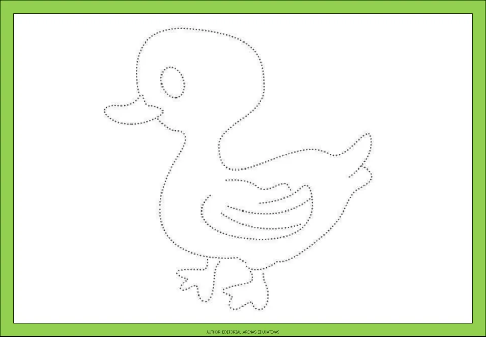 Dotted duckling outline in side view: children trace its bill, eye, wing feathers and webbed feet to build line control