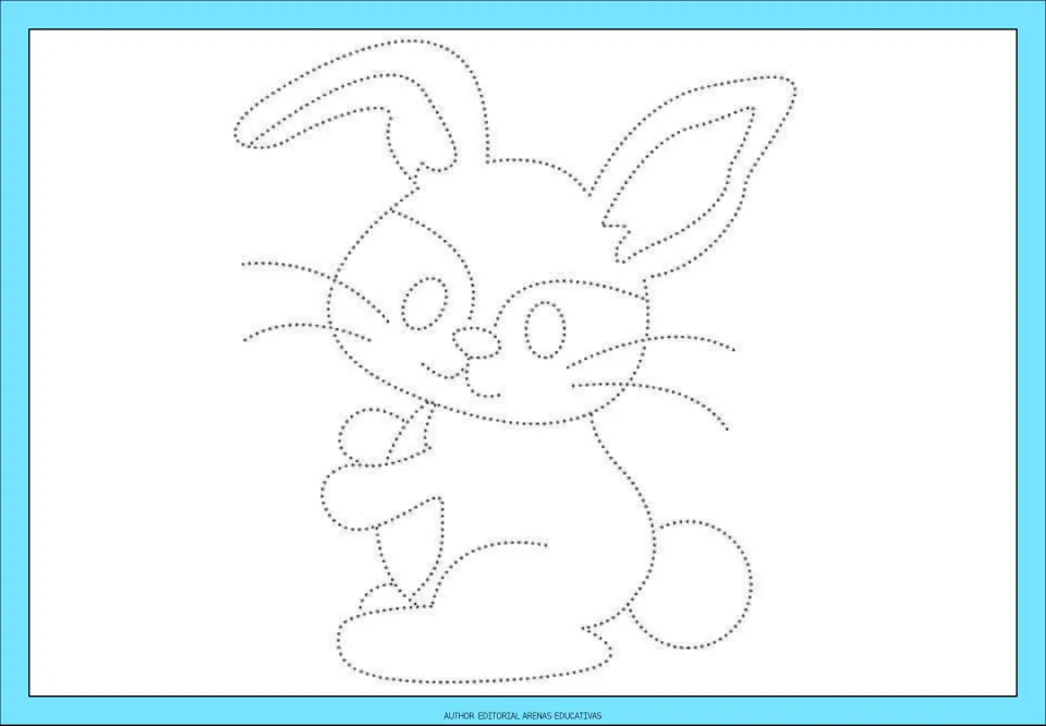 Dotted bunny outline: children trace its long ears, whiskers, round tail and a carrot it holds, then add their own colors