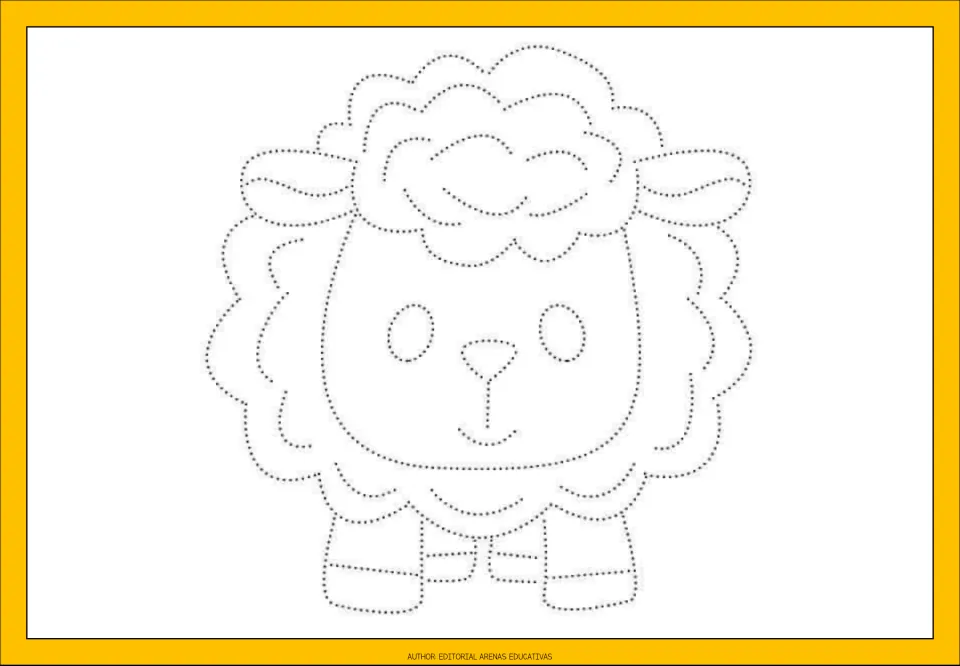 Dotted lamb outline: children follow the wavy dots of its woolly coat, ears, face and legs to practise curved strokes