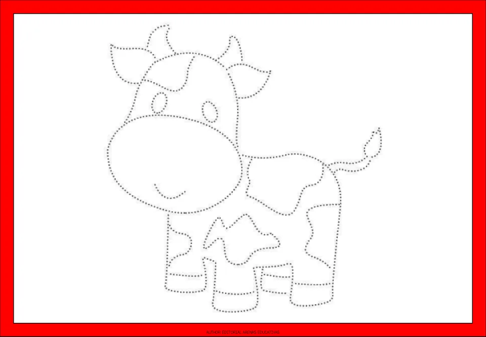 Dotted calf outline: children trace its horns, ears, big snout, patchy spots, hooves and tail, then color the spots